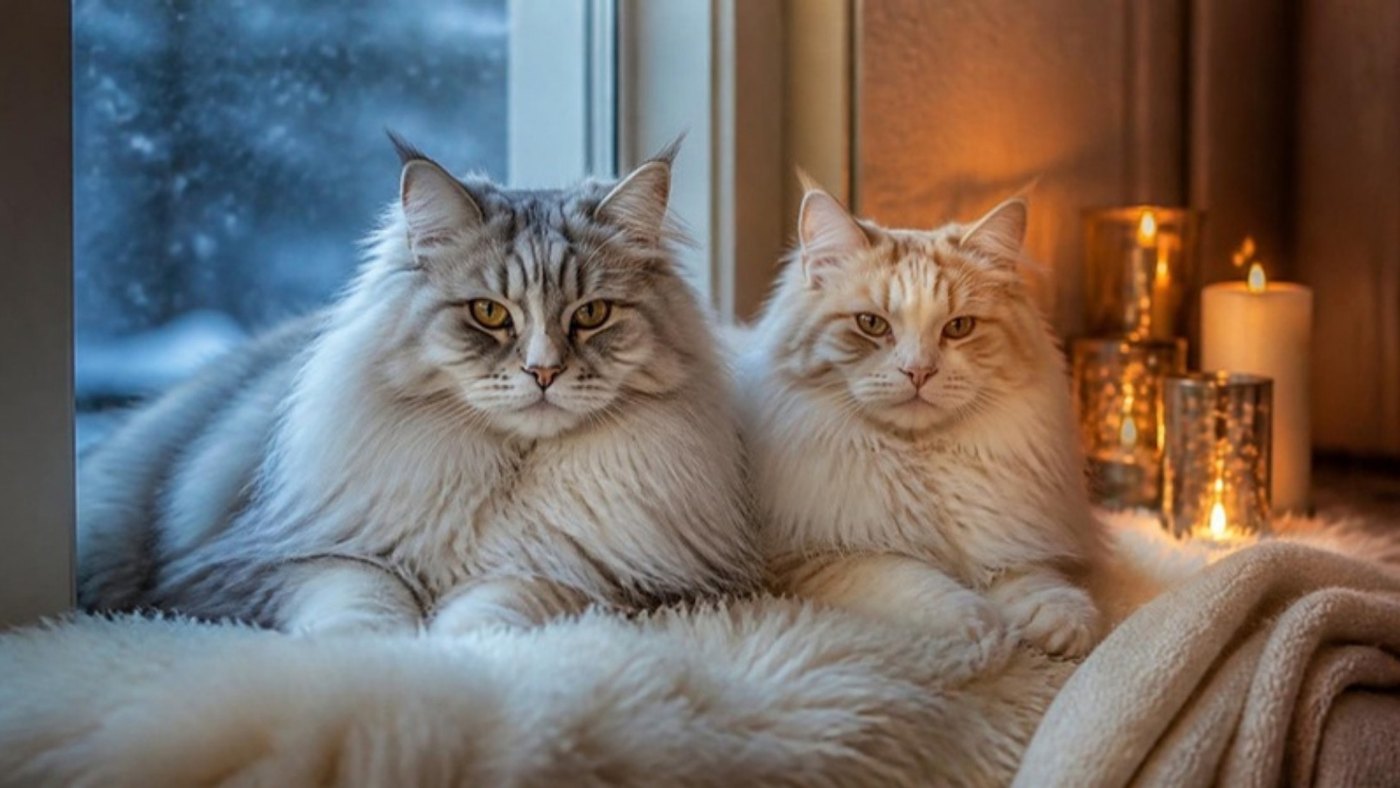 Two Norwegian Forest cats by a winter window
