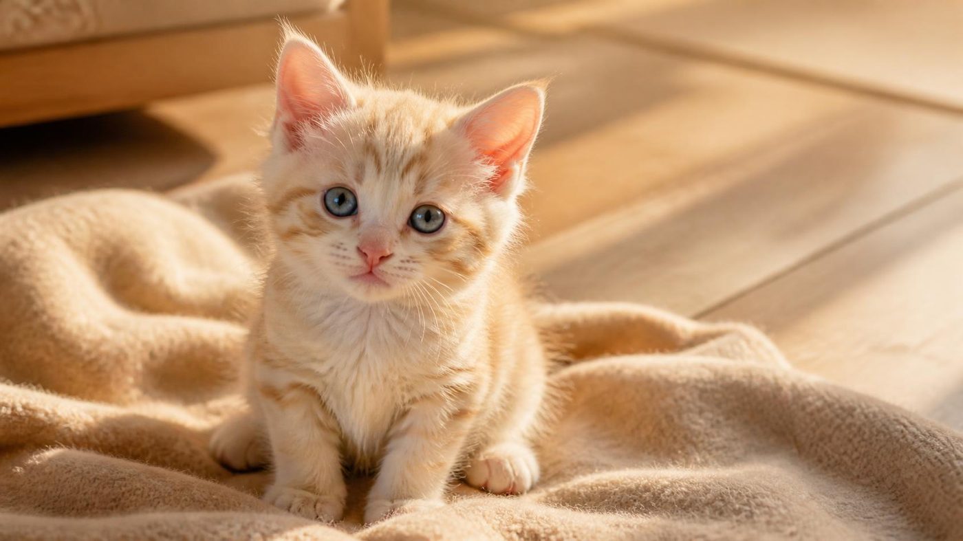 A cream kitten sitting on a soft woollen blanket
