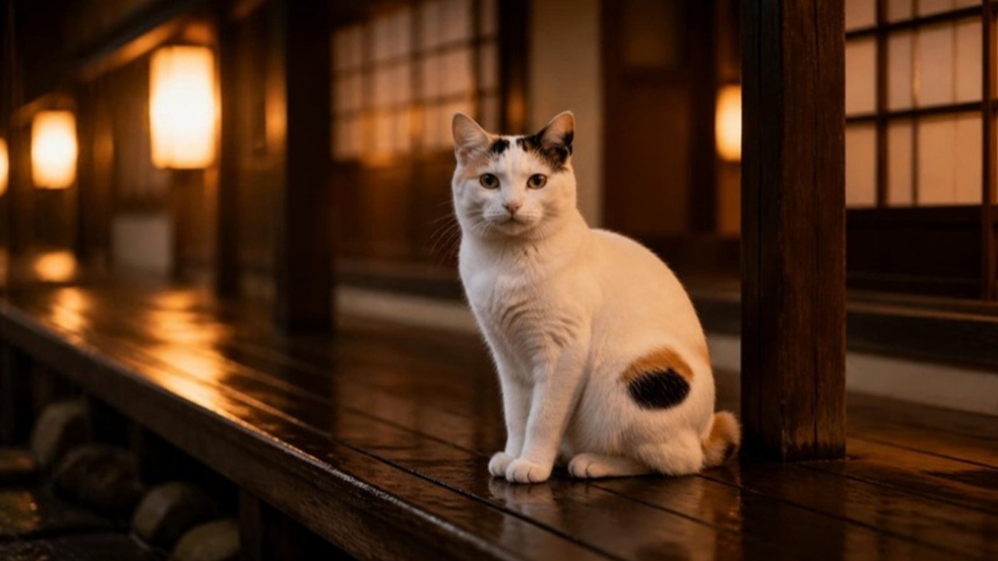 A white Japanese Bobtail sitting on a wooden veranda in the evening rain