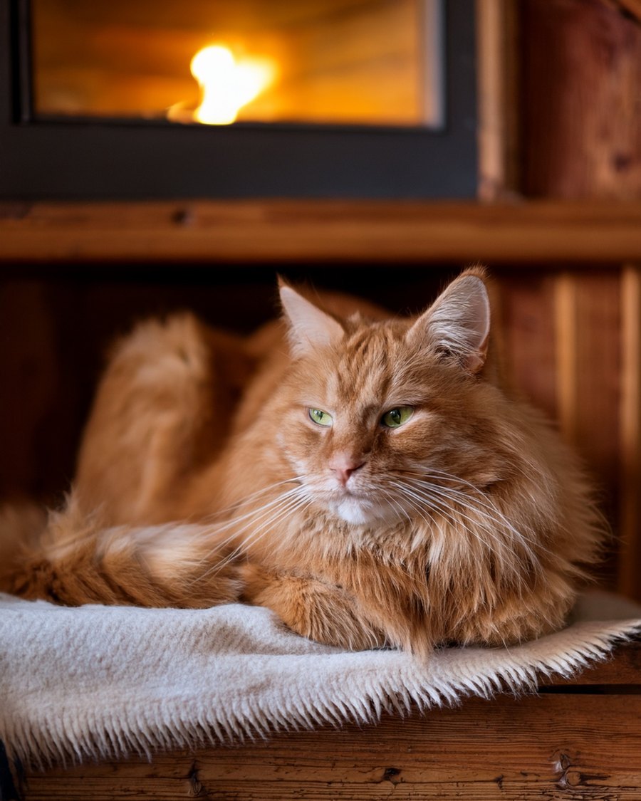 Golden forest cat resting on a wool blanket by candlelight