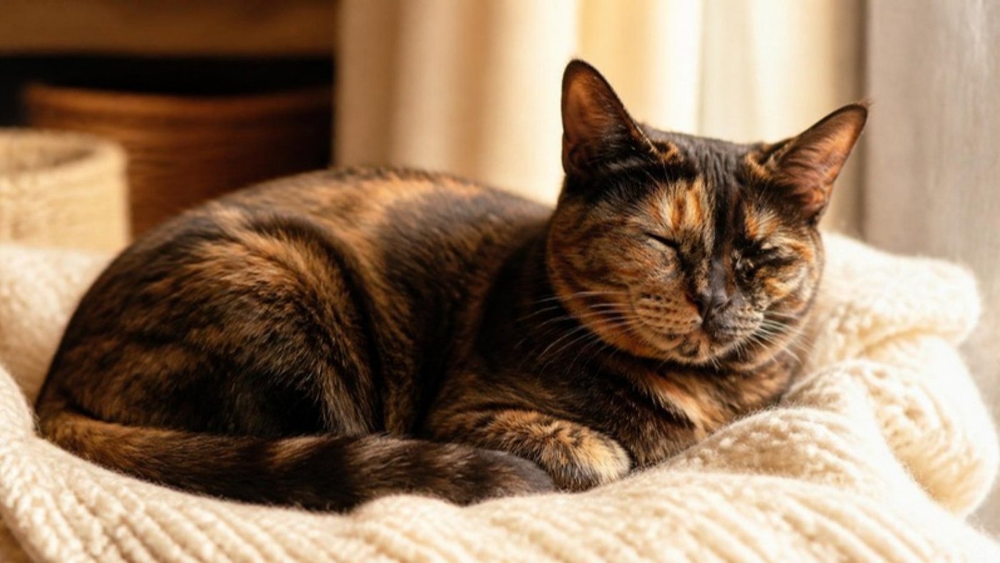 A tortoiseshell cat curled up asleep on a cream knitted blanket