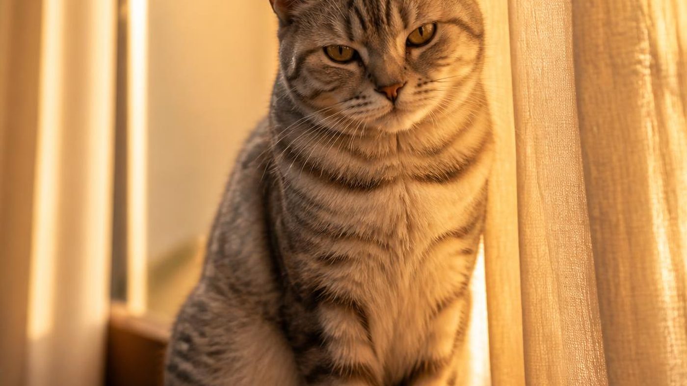 A silver tabby cat by a sunlit curtain, her whiskers catching the light
